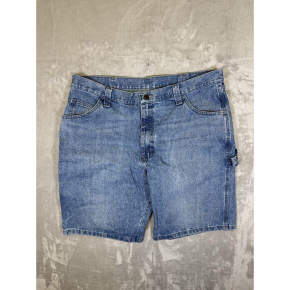 Vintage Wrangler Shorts 36” Blue Denim Carpenter Jorts Baggy Jeans Work Utility - Picture 2 of 9